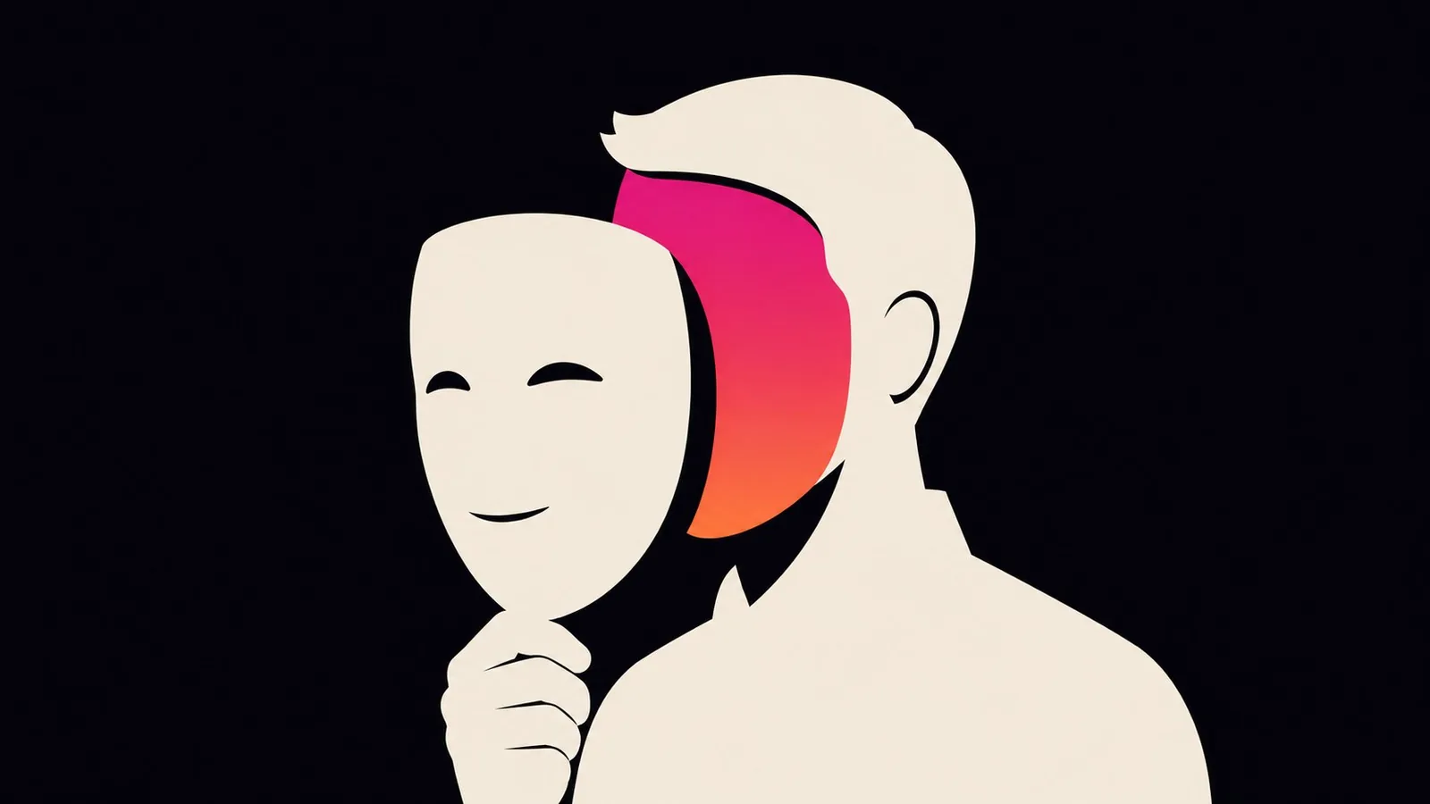 Illustration minimaliste : une personne abaisse un masque souriant couleur crème et laisse voir son vrai visage, une surface en dégradé rose et orange, révélant l'écart entre l'image projetée et l'identité réelle.