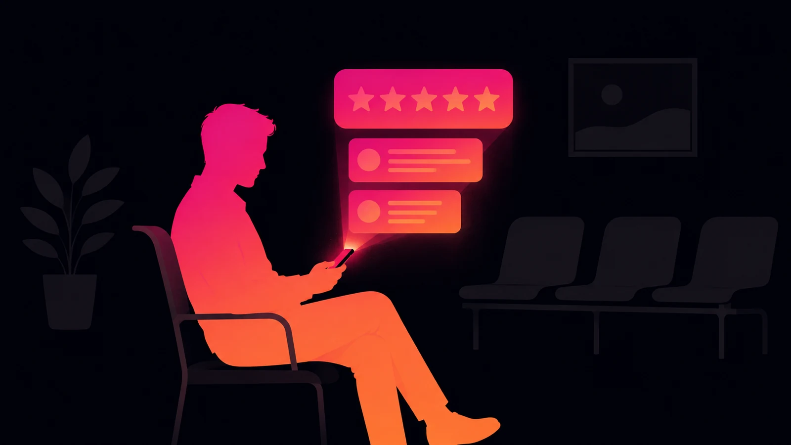 Un patient consulte les avis Google d'une clinique sur son téléphone, comme une salle d'attente numérique.
