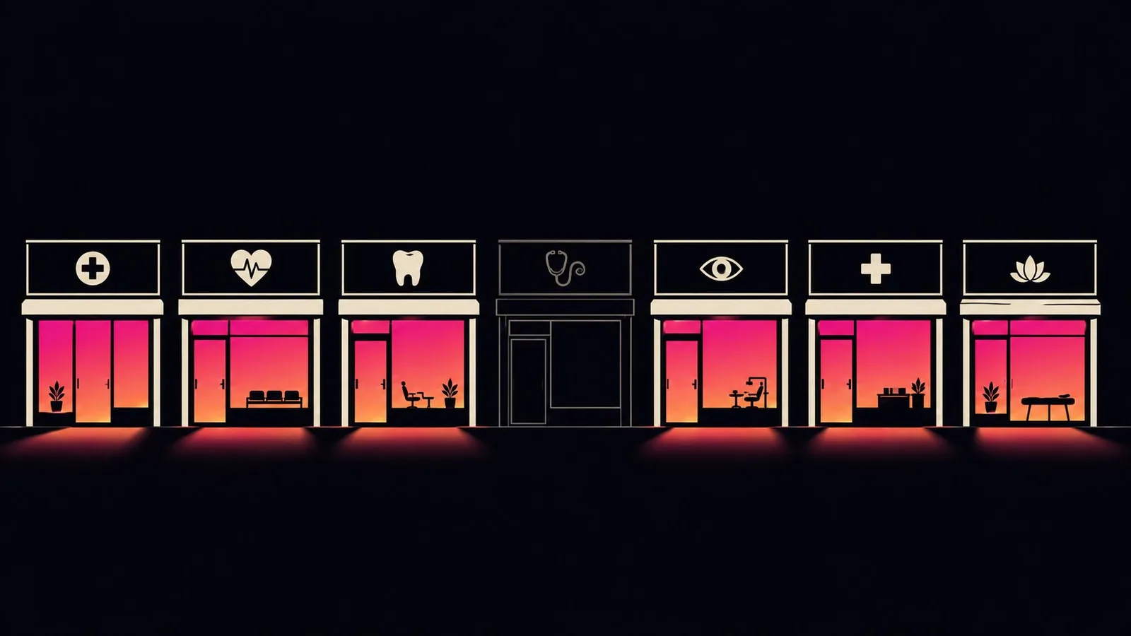 Une rangée de cliniques aux devantures éclairées dans un dégradé rose et orange, dont une seule reste éteinte et invisible parmi les autres.