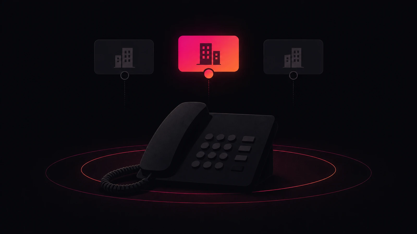 Un téléphone de bureau resté silencieux dans l'ombre, sous trois options dont une seule s'illumine : le cabinet choisi.