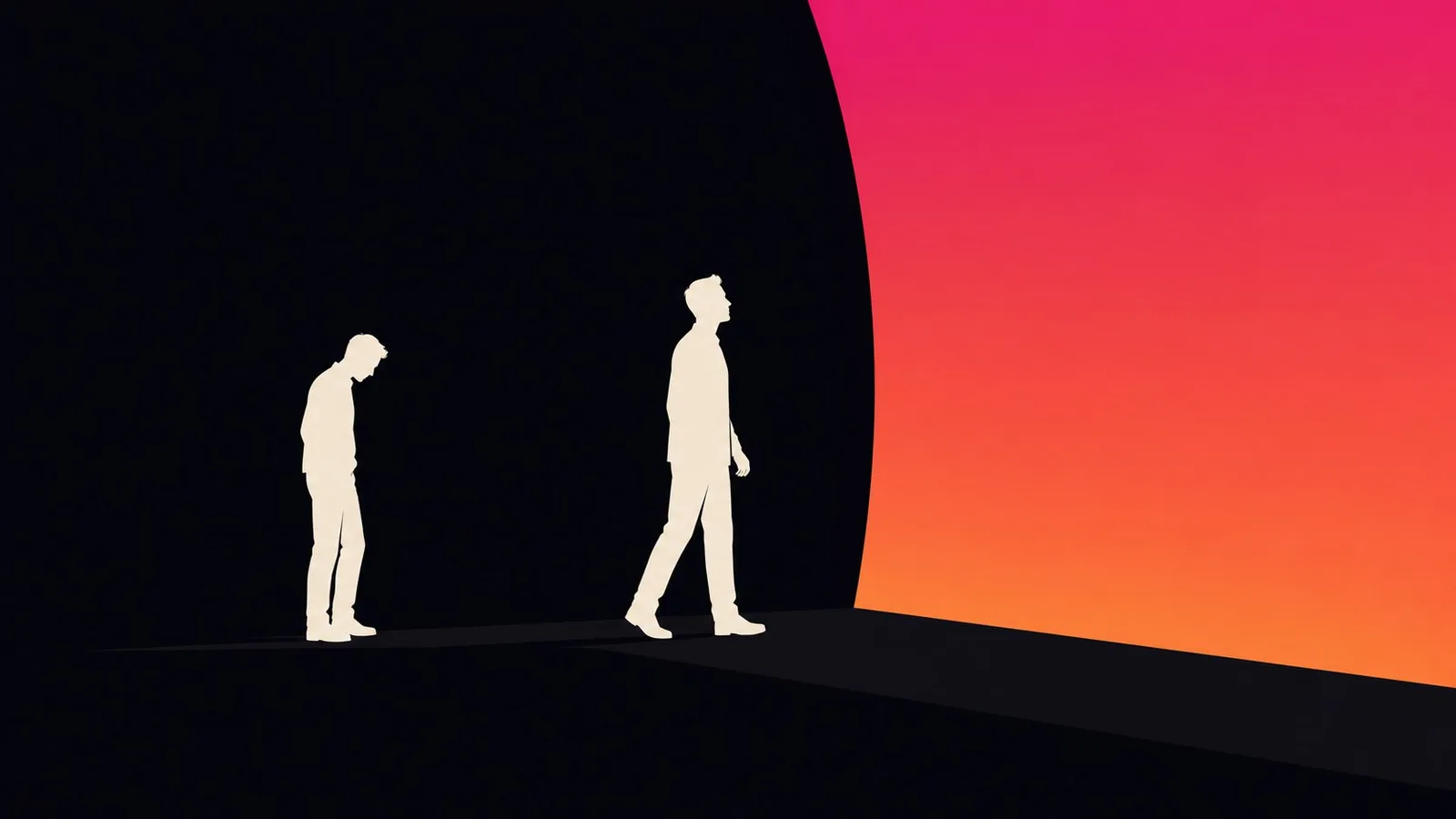 Une silhouette voûtée reste dans l'ombre tandis qu'une autre s'avance vers une vaste étendue apaisante en dégradé rose et orange.