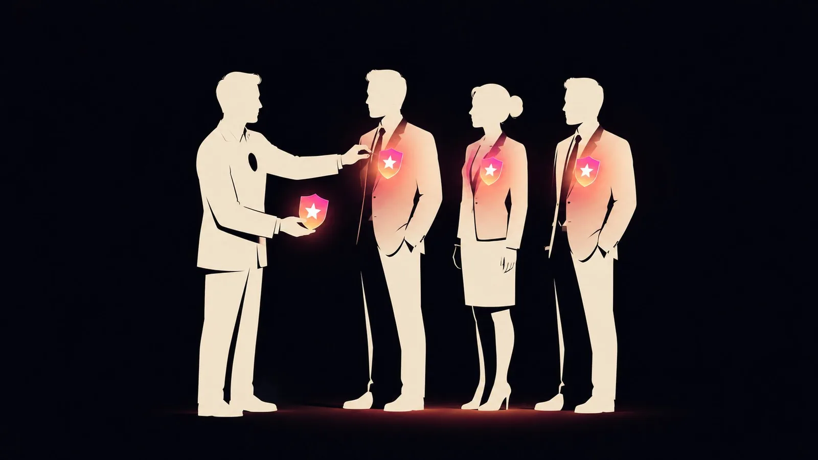 Un recruteur remet un emblème de marque lumineux à des professionnels, alors que sa propre poitrine reste sombre et sans emblème.