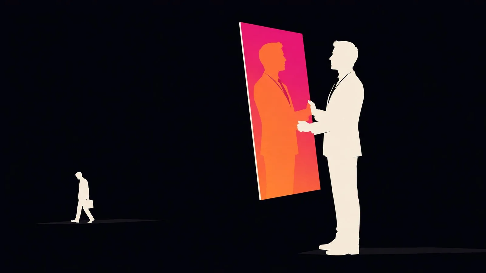 Illustration minimaliste : un employeur tient devant lui un grand miroir où se reflète sa propre silhouette en dégradé rose et orange, pendant qu'au loin un candidat avec sa mallette s'éloigne dans le noir, sans avoir été adressé.