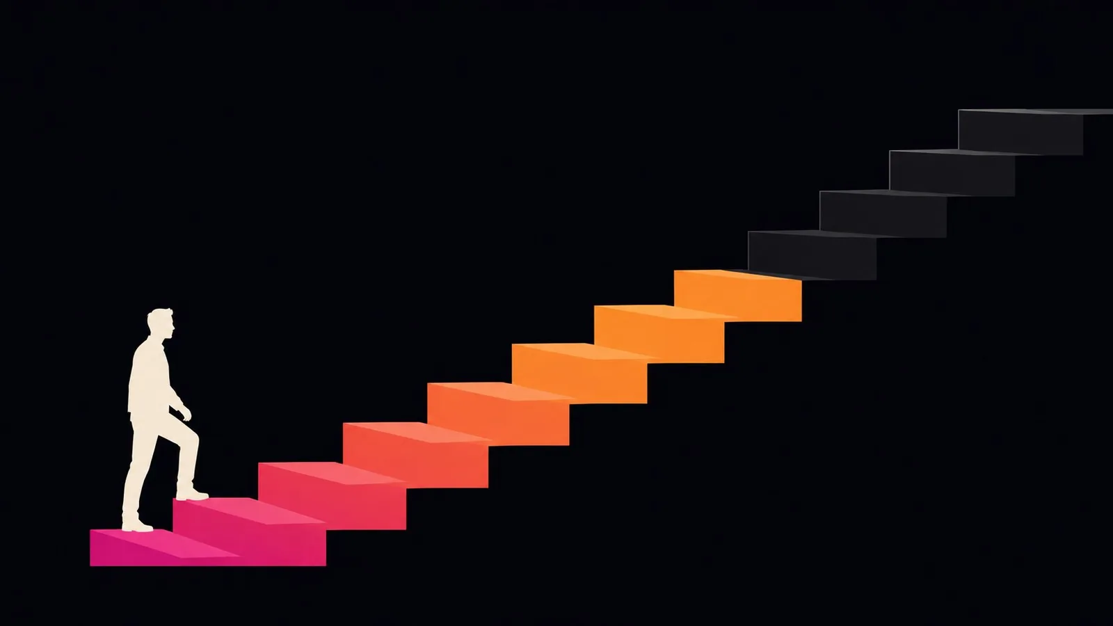 Une silhouette gravit un escalier dont les premières marches sont colorées dans un dégradé rose et orange, dans l'ordre, les marches suivantes restant sombres.