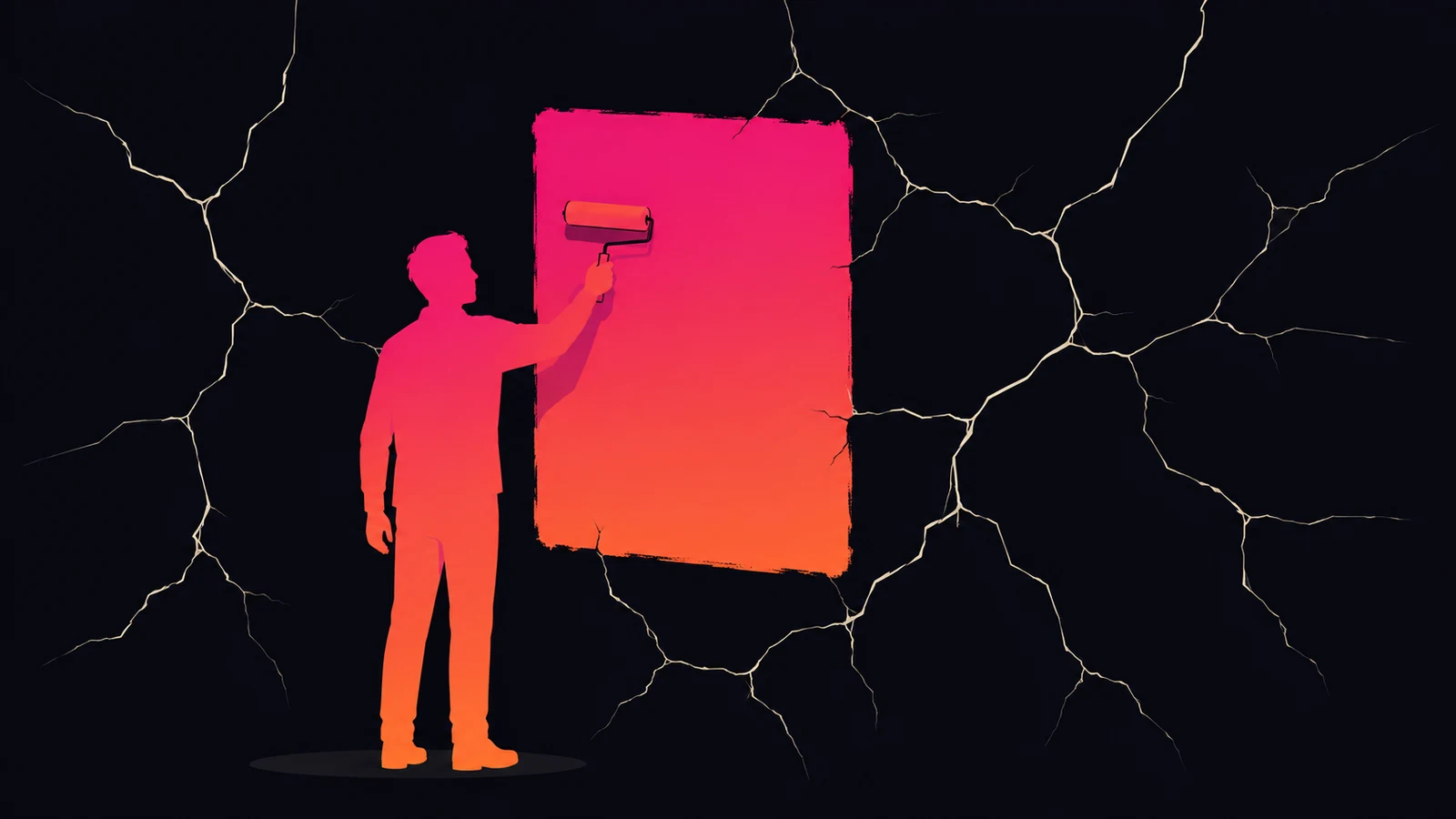 Une silhouette repeint en couleurs vives un panneau d'un mur fissuré, mais les fissures débordent de la peinture fraîche, image d'une refonte de marque qui maquille un problème de fond au lieu de le régler.