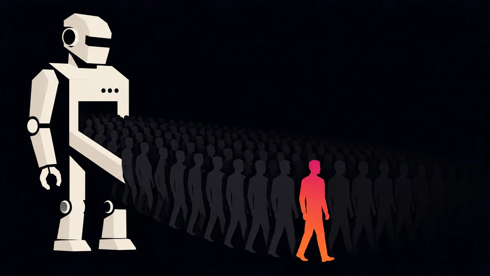 Illustration minimaliste : un grand robot produit une foule de silhouettes humaines identiques et indistinctes; parmi elles, une seule silhouette remplie du dégradé rose et orange demeure nettement distincte.