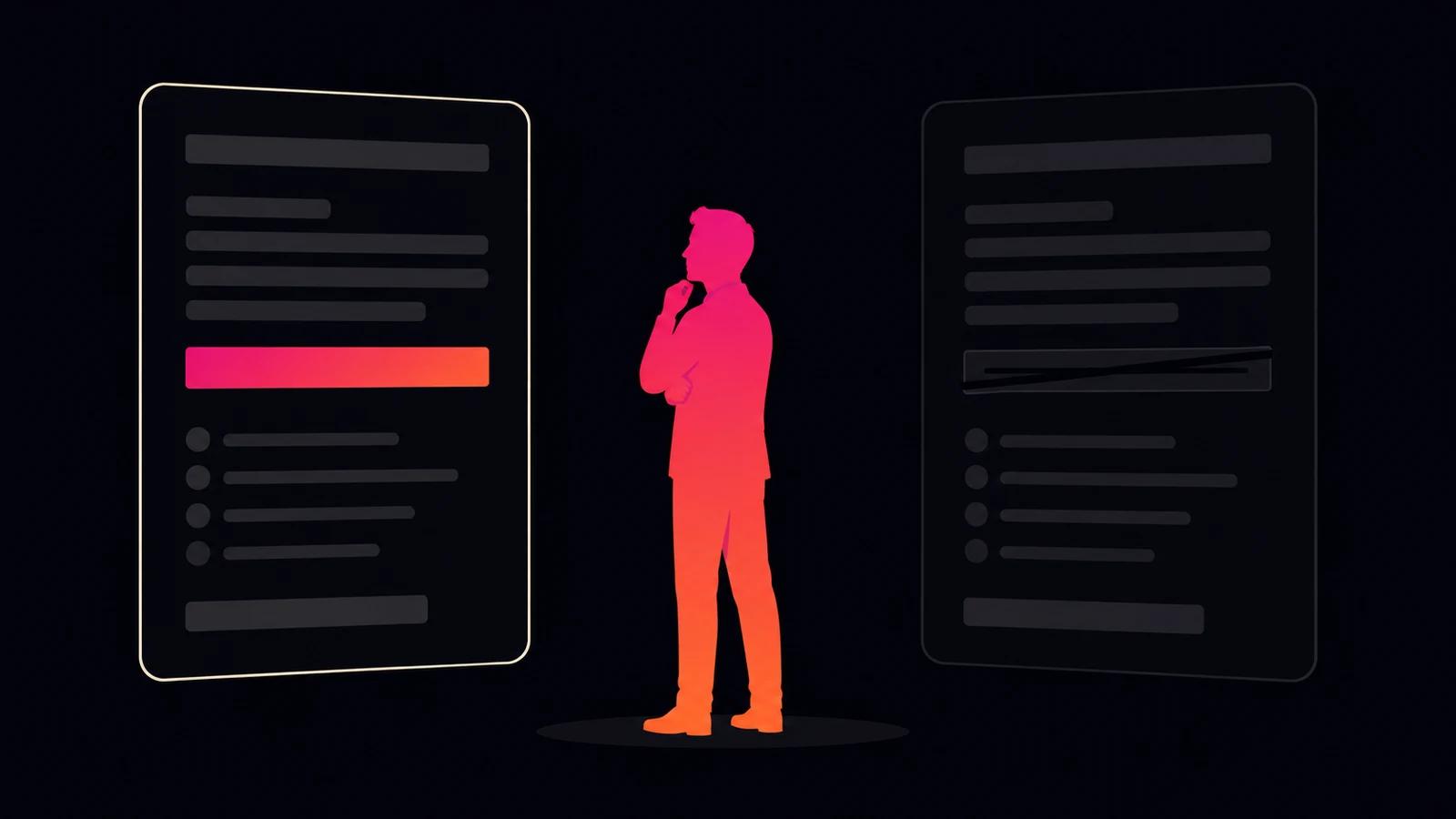 Une silhouette se tourne vers une offre d'emploi qui affiche son salaire plutôt que vers une offre où la rémunération est caviardée, illustrant la transparence salariale comme décision de marque employeur.